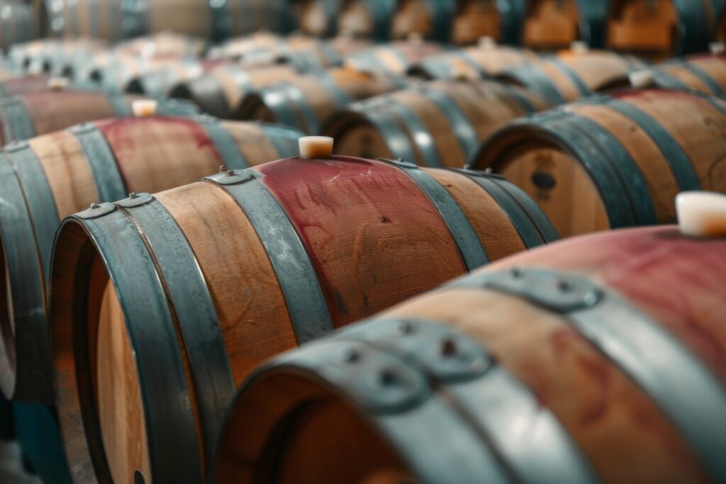 Experience the art of wine production with our aged red wine stored in oak barrels in the winery cellar.